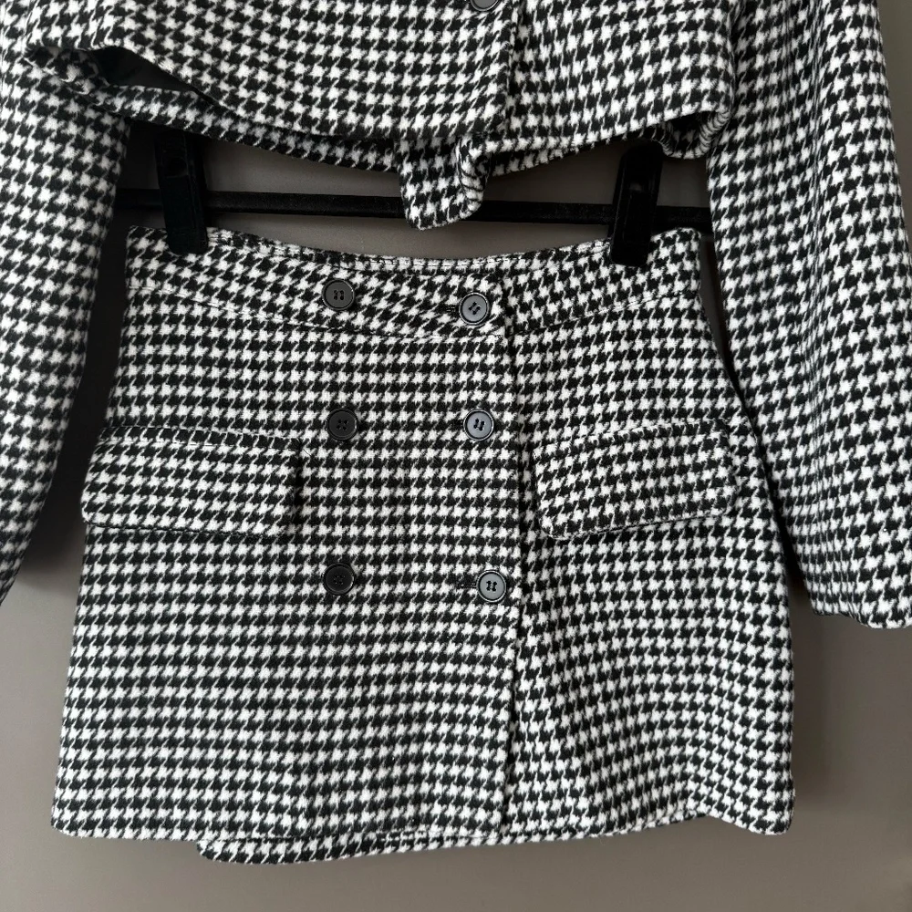 Black White Houndstooth Cropped Blazer & Skirt Set Size S Thick Material - Picture 7 of 16